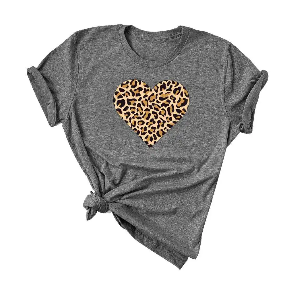 

Valentine Tops Women T- Shirt Print Plaid Leopard Hearts Clothing Casual O Neck Short Sleeve Wearing Bottoming