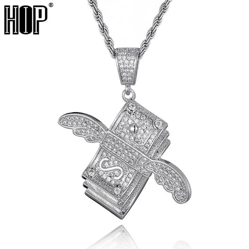 

HIP Hop Iced Out Flying Cash Solid Pendant Necklace Mens Hip Hop Gold Color Color Charm Chains Jewelry