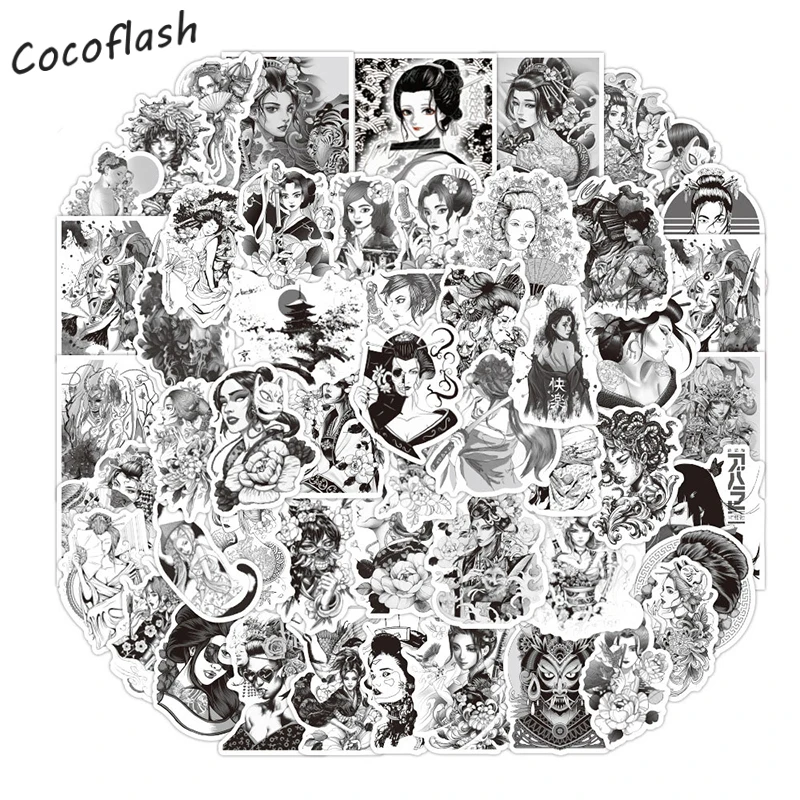 10/50pcs/pack Japanese Traditional Art Geisha Cartoon Mixed Black And White Graffiti Stickers For Diy Laptop Luggage Skateboard