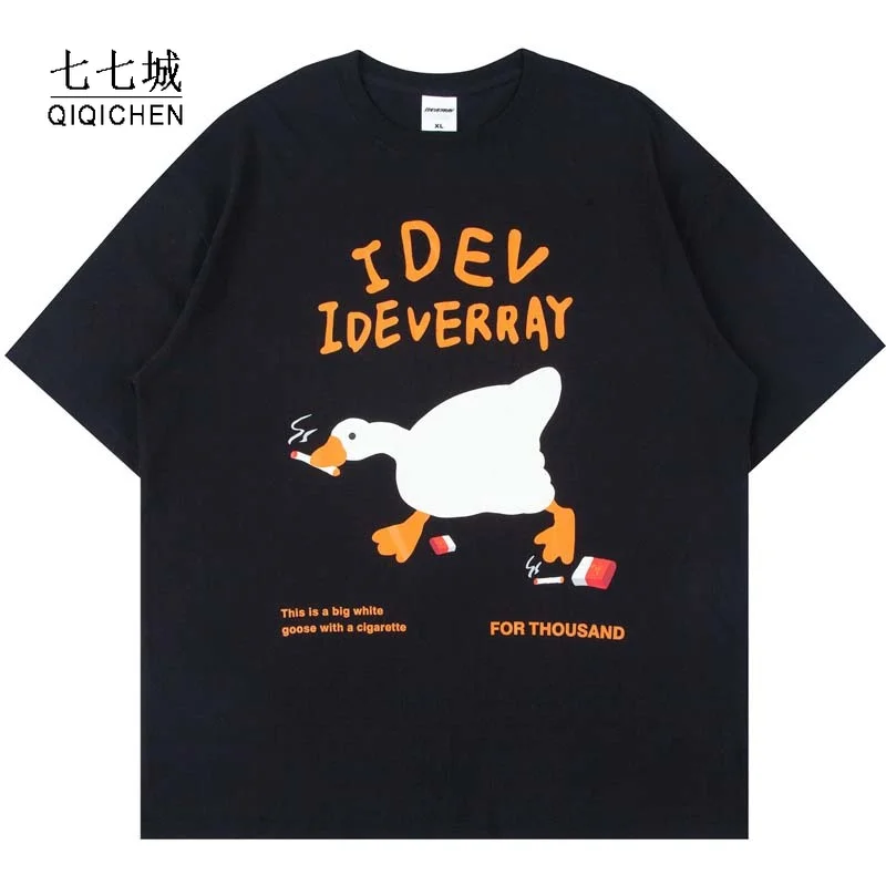 

Summer T Shirts Men Fun Duck Print Short Sleeve T-Shirts Women Streetwear Casual Hip Hop Loose Letter Cotton Tees Tops Japanese
