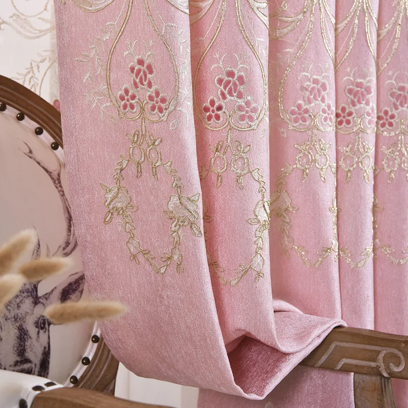 

European Style Curtains for Living Dining Room Bedroom Simple Embroidery Chenille Pink Curtains Finished Product Customization
