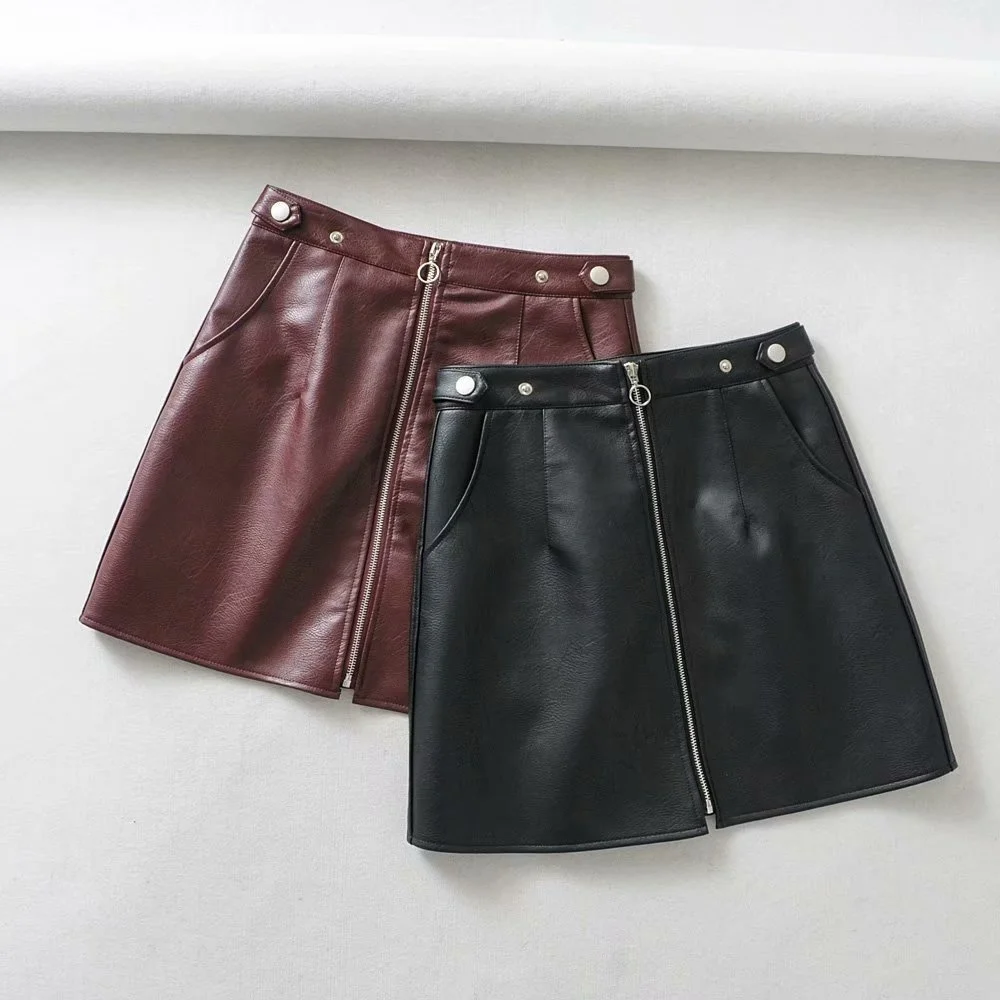 

2022 early spring European and American style women's new wholesale high waist pocket zipper PU leather skirt high quality