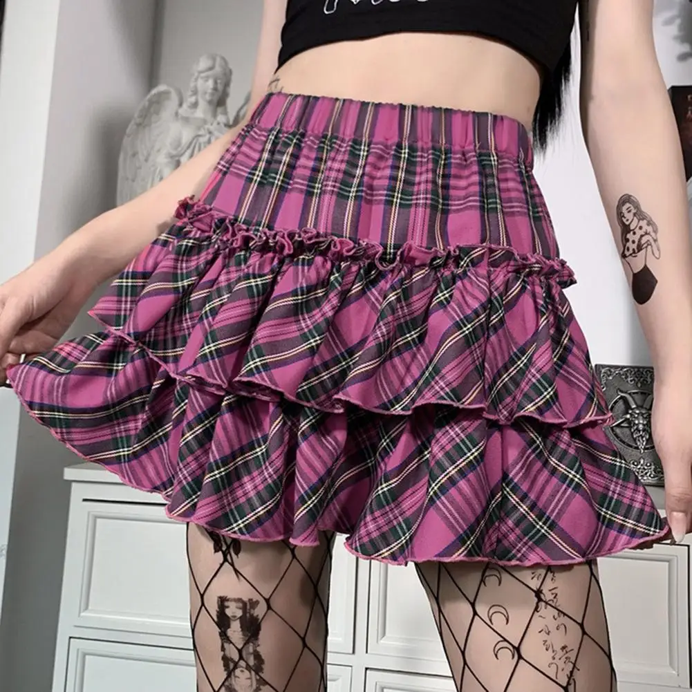 

60% Dropshipping!Summer fashion women's sweet high-waisted thin youth girl plaid folds ruffled A-shaped cake mini skirt j2k