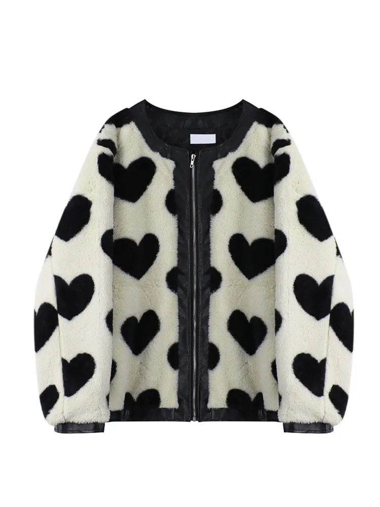 

2022 Winter Heart Print Faux Fur Coat Women Trendy Casual Warm Soft Zipper Plush Overcoat Plus Size Streetwear Female Teddy Coat