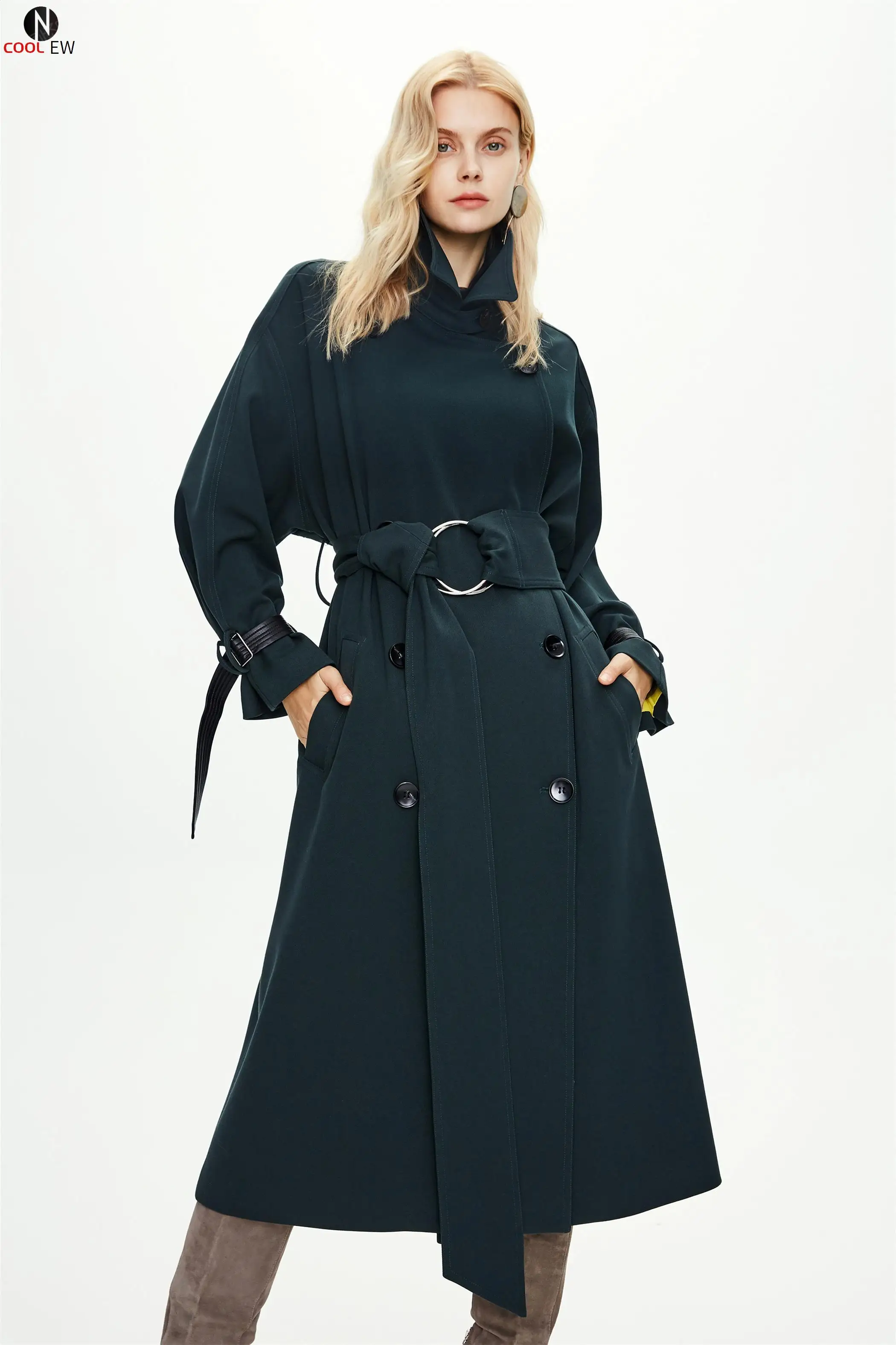 

2021 autumn and winter new products extended knee-length European and American net red ladies ring trench coat women