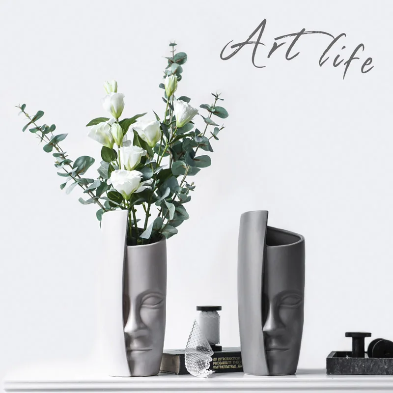 

Nordic Face Vase Black and White Ceramic Flower Vases Artificial Flower Arrangement Vase Creative People Face Big Head Vase Pot