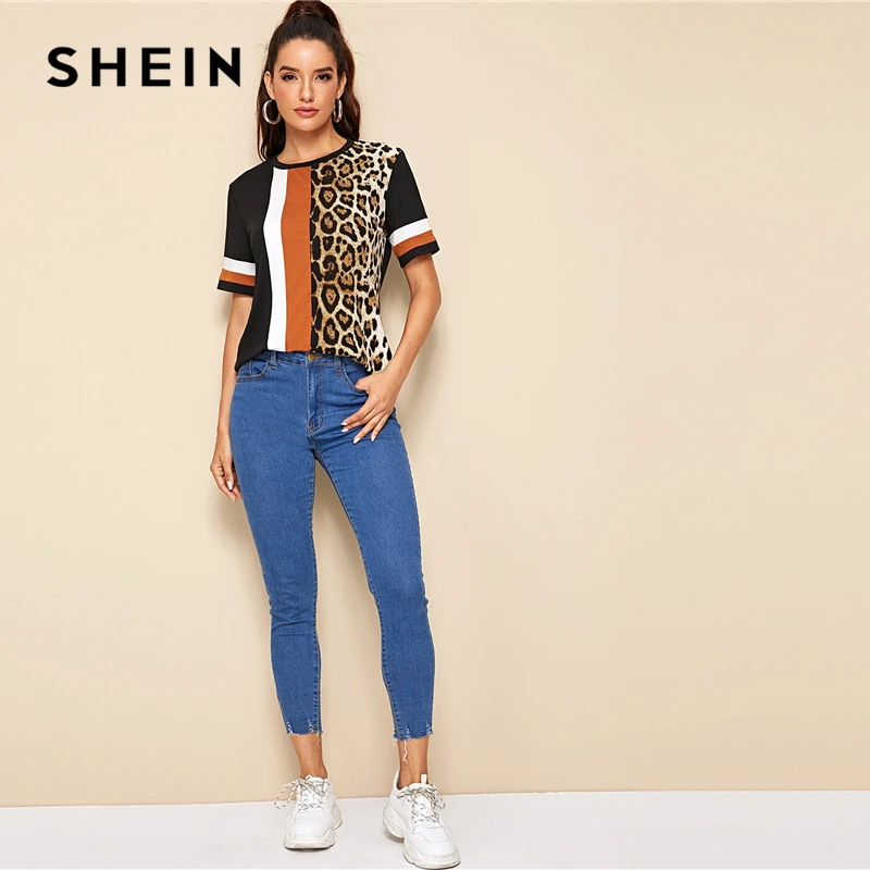 SHEIN Color Block Cut-and-Sew Leopard Panel Top Short Sleeve O-Neck Casual T Shirt Women Summer Leisure Ladies Tshirt Tops