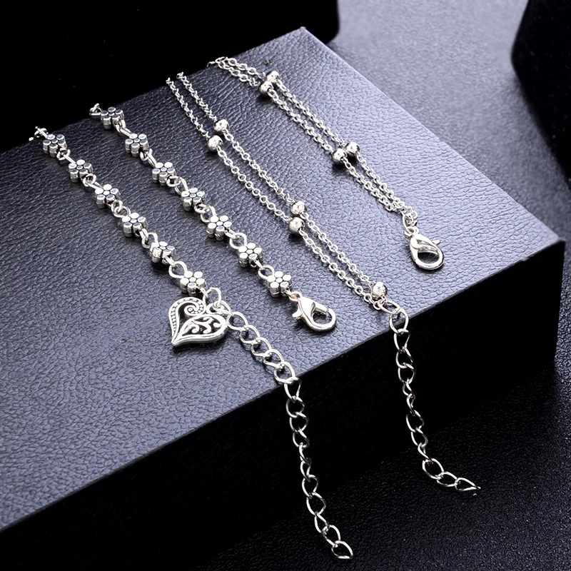 Женский винтажный браслет на ногу Sindlan Серебристый с бусинами в виде цветов