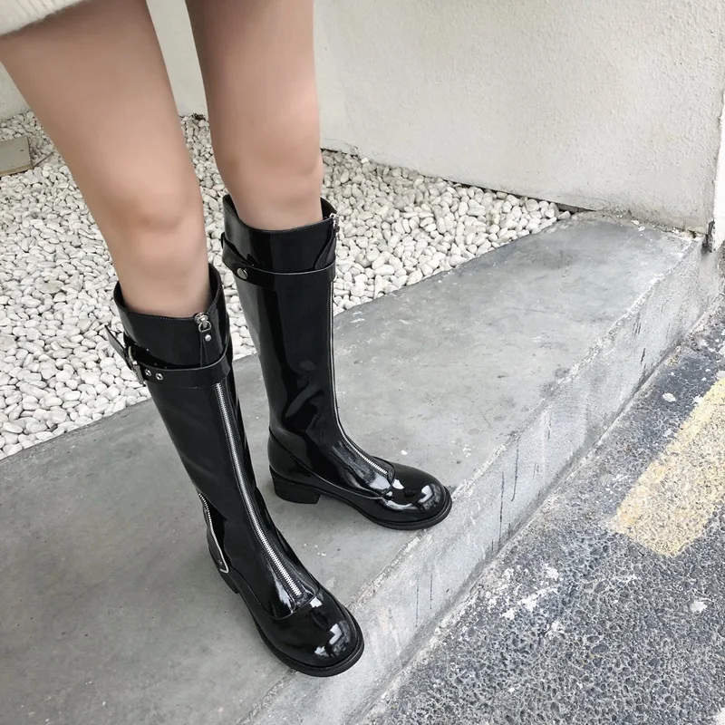 Мотоциклетные сапоги ZVQ из лакированной кожи классные женские боевые на молнии