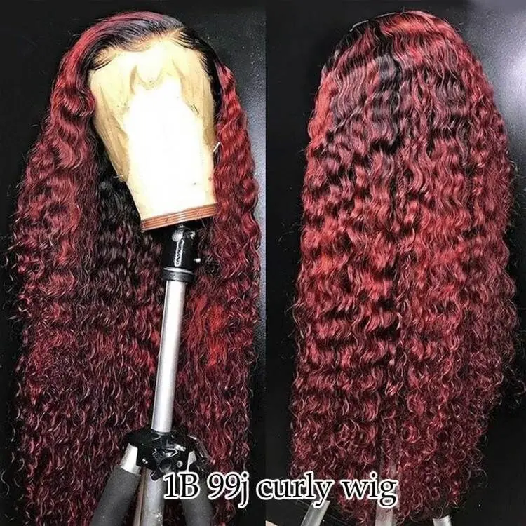 1B99J Color Wig 13x6 150% эффектом деграде(переход от темного к Мёд блондинка красный бордовый Цвет Синтетические волосы на кружеве вьющиеся парики из натуральных волос для черный Для женщин предварительно вырезанные бразильские Волосы remy - Цвет: 1B99J Color Wig