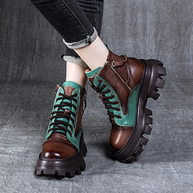 

Lucyever 2021 New Chunky Platform Boots Women Mix Color Thick Sole Pu Leather Ankle Boots Woman Soft Bottom Non-slip Booties