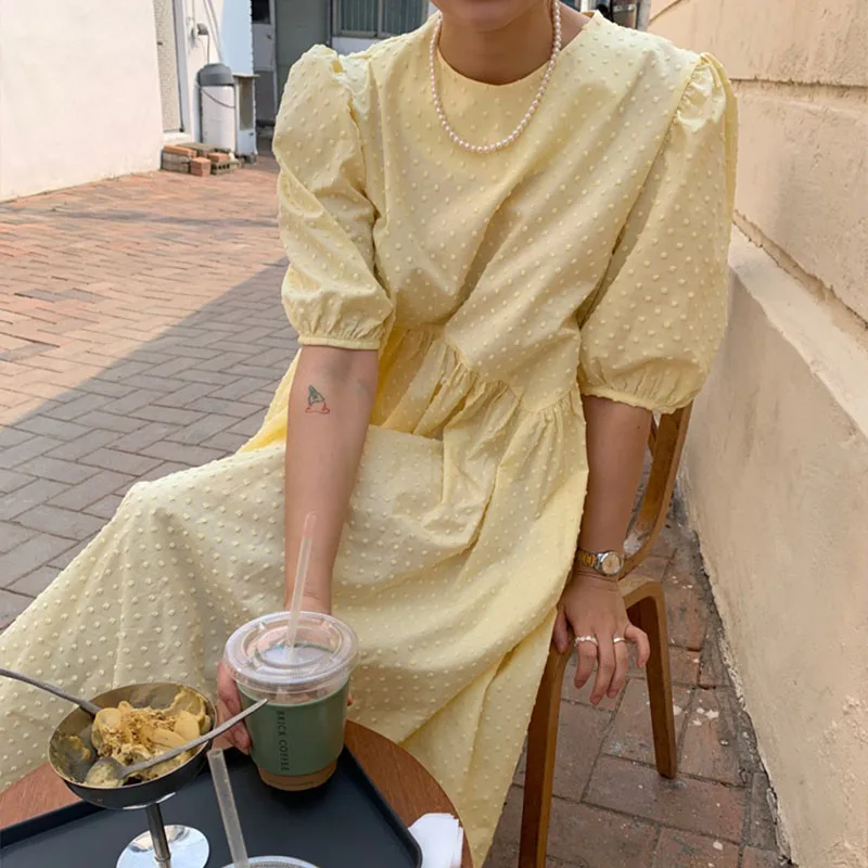 

Casual O-neck Puff-Sleeve Women Long Dress 2021 Summer Elegant Retro Oversize Dots Female Dress Ladies Loose Vestidos Femme