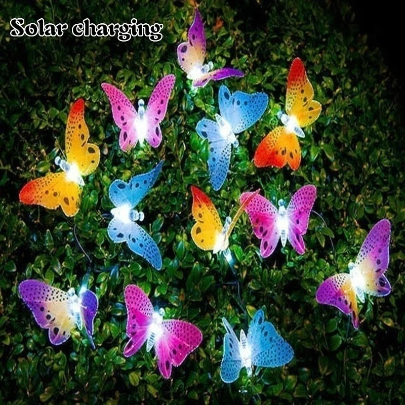 12 LED Solar Power Fibre Optic Butterfly String Light Garden Decor Outdoor String Garden Suncatchers