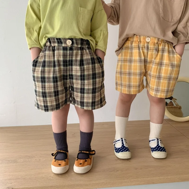 

Children summer retro plaid shorts korean style boys and girls cotton loose thin shorts