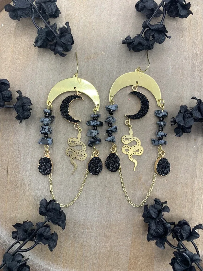 

Brass Celestial Druzy Resin Moon Snake Smokey Quartz Chain Dangle Earrings
