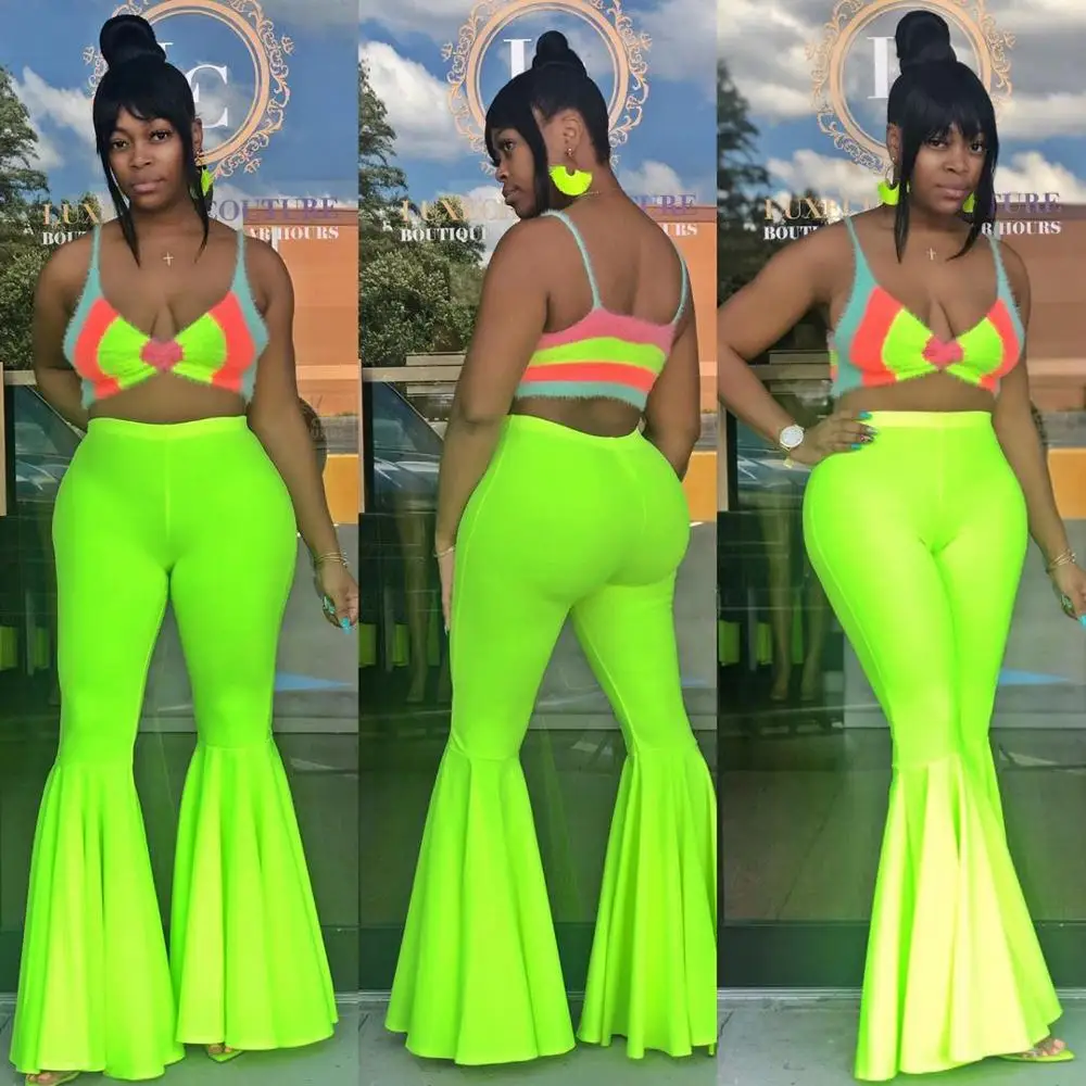 Plus Size 5XL Pants Casual Neon High Waist Full Length Elastic Flare Women Sexy Ruffles Hem Trousers Leggings | Женская одежда