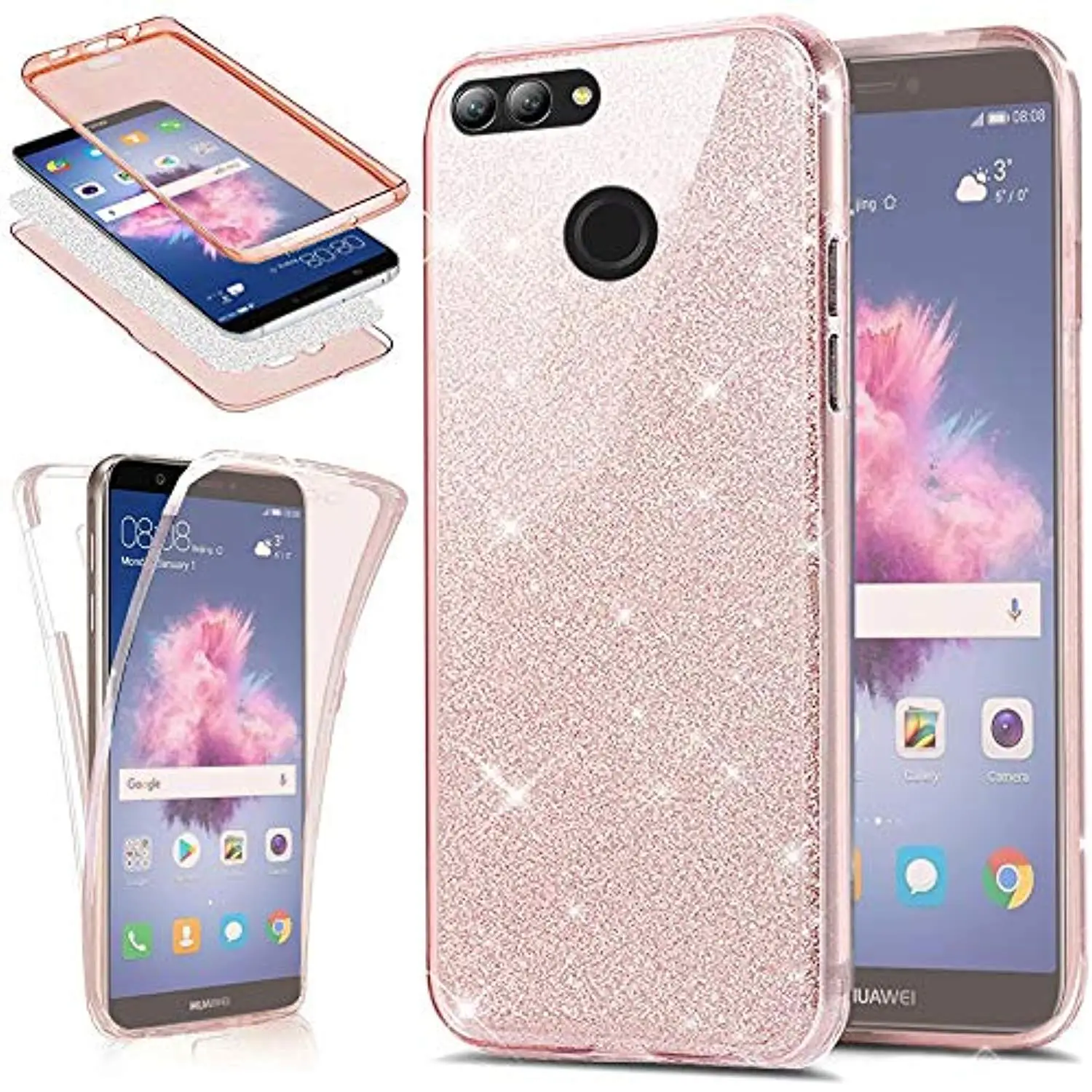 Блестящий чехол 360 3 в 1 для huawei P Smart Y6 Y7 Pro P30 P20 Lite P10 Plus mate 20, мягкий чехол из ТПУ для телефона - Цвет: Rose gold