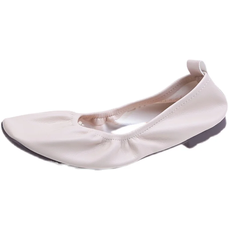 

Square Toe Solid Color Simple Soft Sole Comfortable Ladies Single Shoes Summer Fashion Wrinkled Flat Bottom Lace-Up Casual Shoes