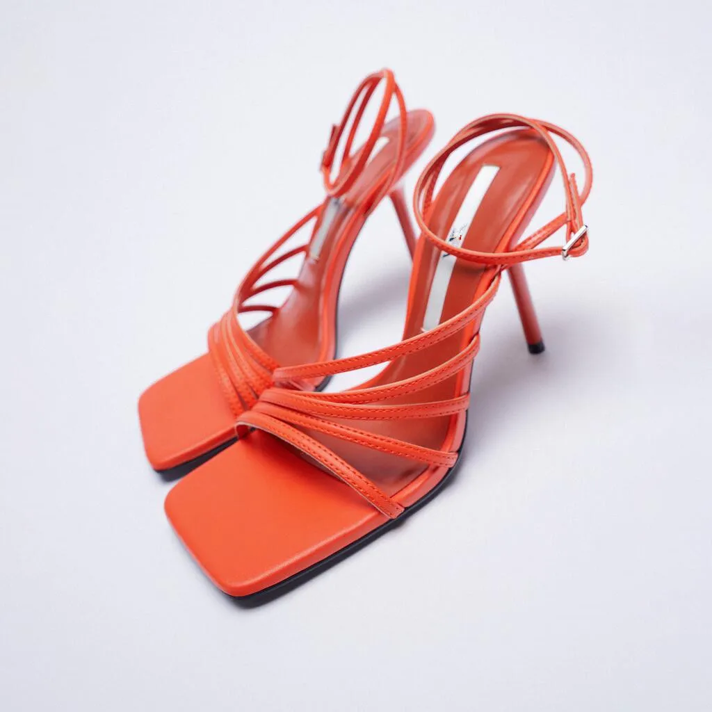 

Summer New Sandalen Dames 2021 Coral Red Thin Strap High Heel Ankle Strap Sandals