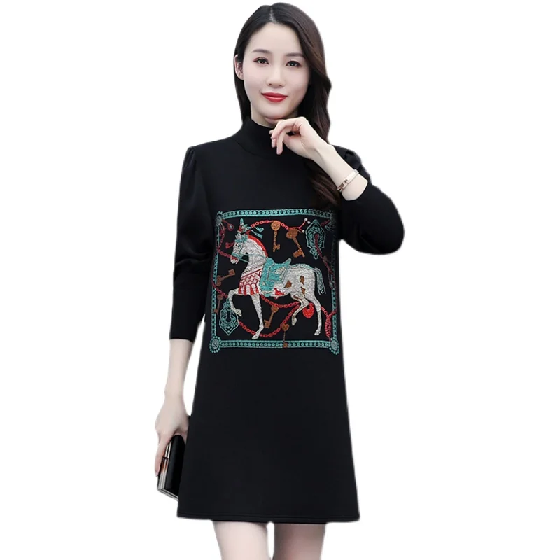 

2021 Korean Casual Black Print Cotton Mini Dress Spring Autumn Vintage Plus Size Solid Dress Elegant Women Bodycon Party Vestido