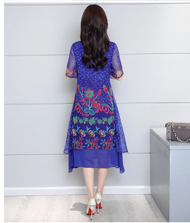 

new 2020 Korean version of summer plus size printed chiffon dress long round neck beach dress short sleeve
