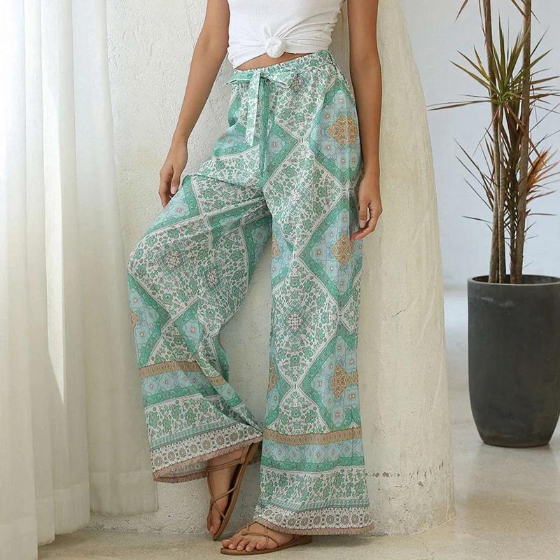 

Women Floral Print Wide Leg Bohemian Pants L Size Green with Long Sleeve T Shirt Women Chic Lace Tops Tee M Size Purple