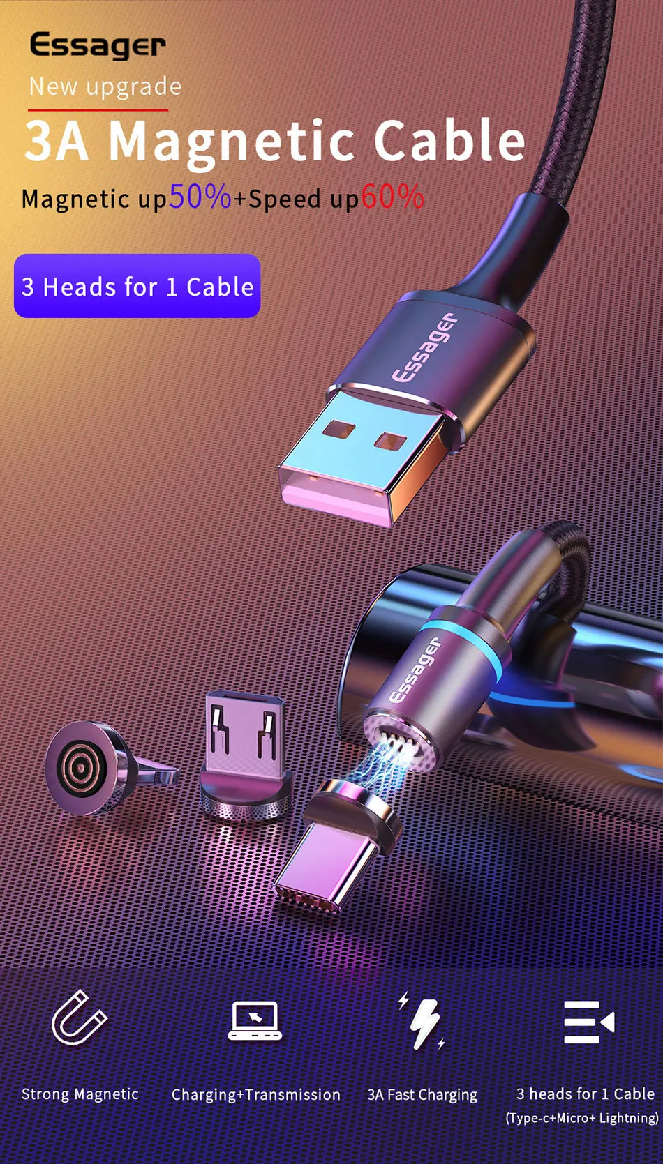 Магнитное зарядное устройство Essager Micro USB кабель для iPhone samsung Android Быстрая зарядка usb type C кабель 3 м type-C шнур Магнитный адаптер