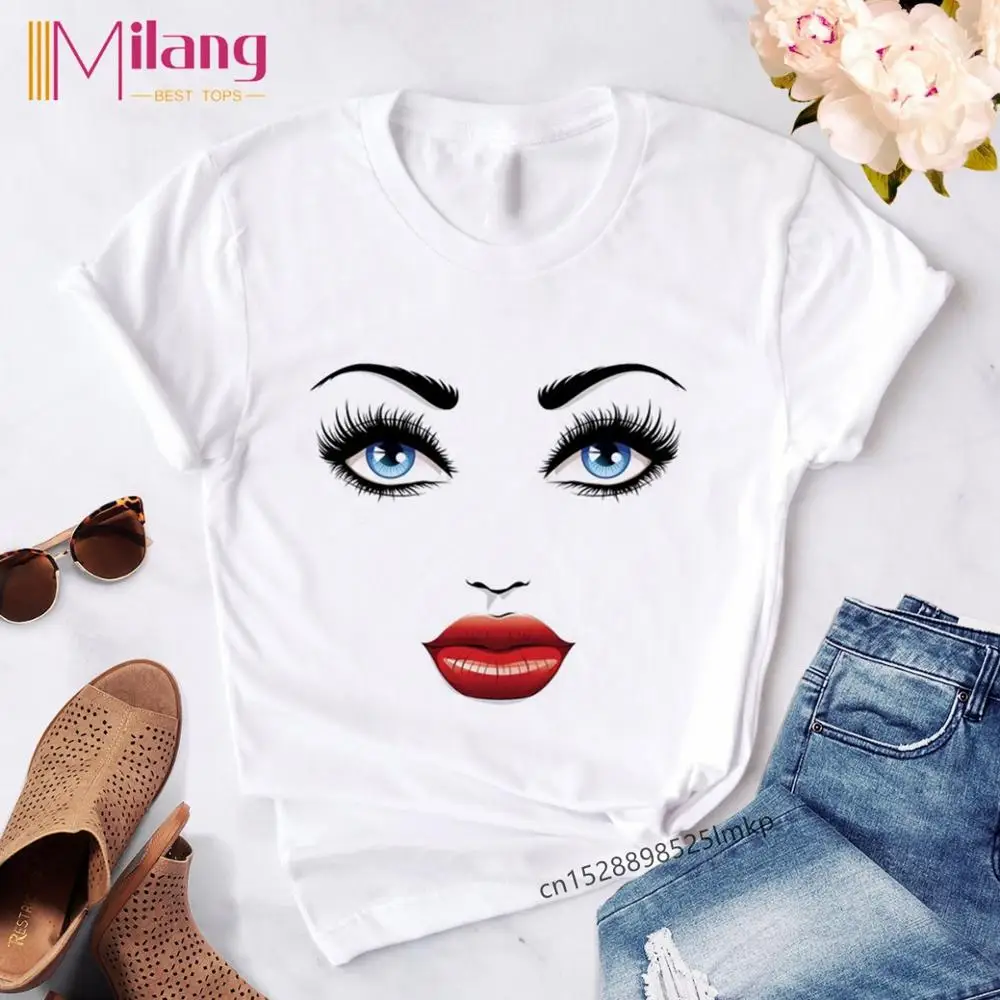 Женские футболки с принтом для макияжа лица женские красными губами в стиле