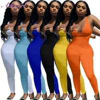 fitness rib knit jumpsuit solid color sleeveless deep v neck activewear jumpsuit women summer outfit party club rompers overalls