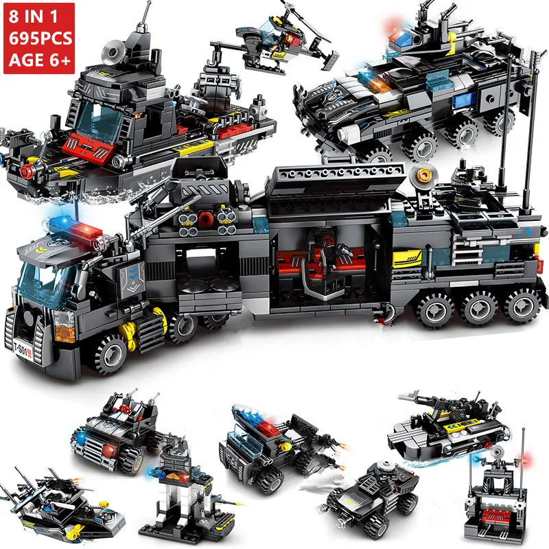 

8Pcs/lot City SWAT Police Command Truck Building Blocks Helicopter Constructor Bricks Brinquedos Educational Toys for Children