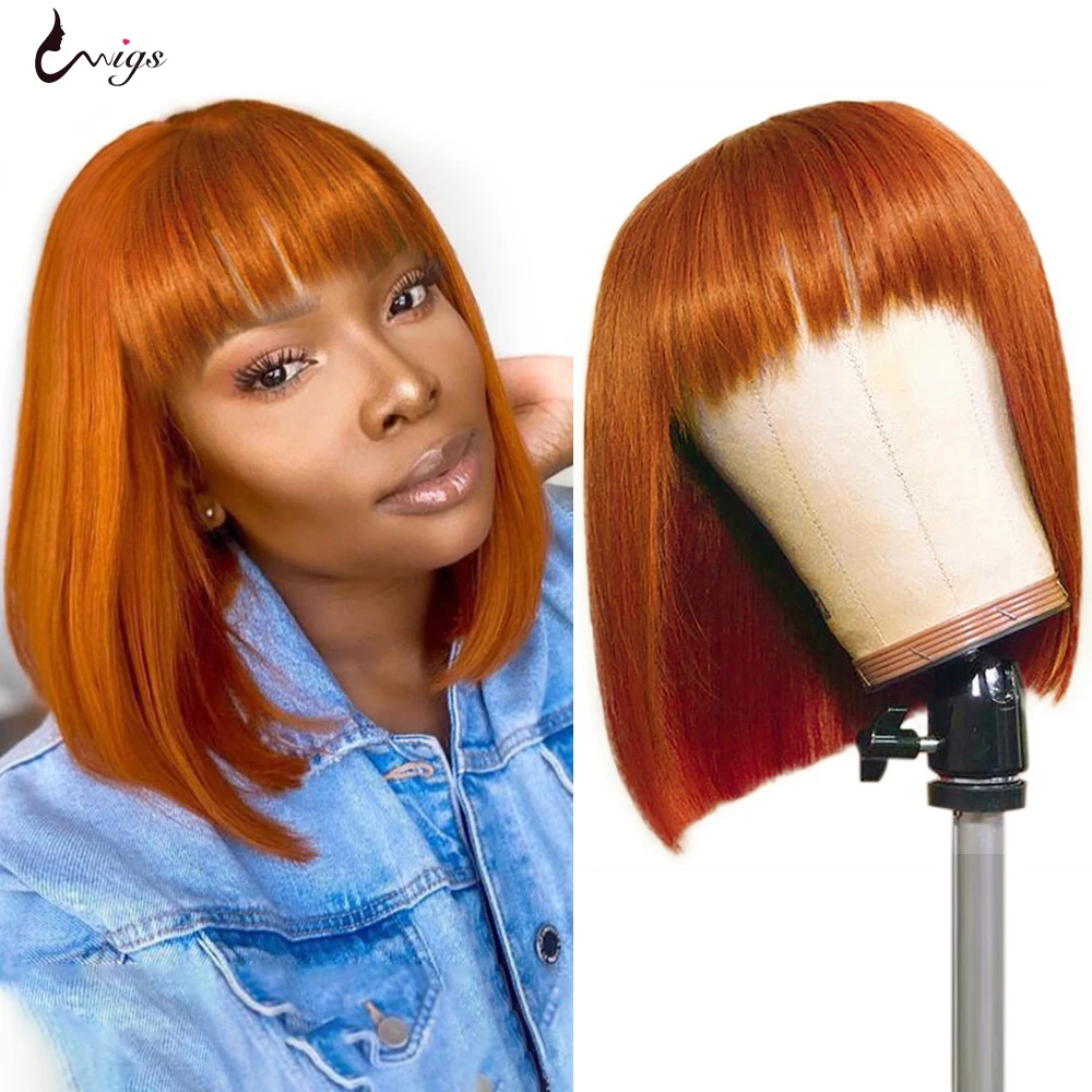 UWIGS короткие парики с челкой Имбирные прямые машинной работы из человеческих