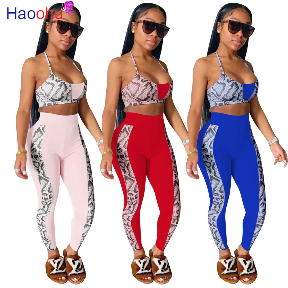 

HAOOHU Snake Skin Print Two Piece Outfits Women's Suit Spaghetti Strap Crop Top Skinny Legging Summer Clothes Female Suits