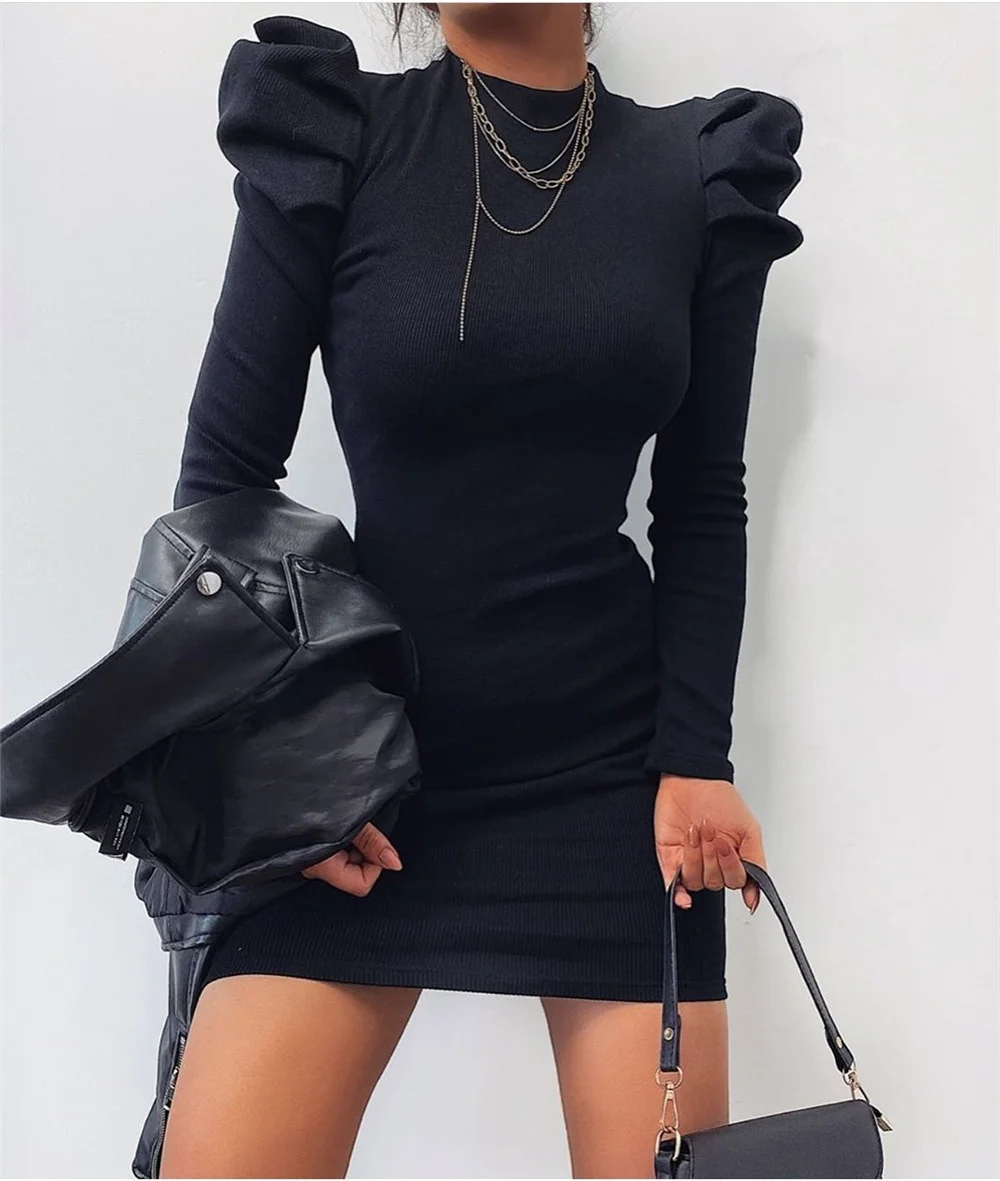 

Vintage solid long sleeve female dress 2020 fall the mini-neck dress of the basic casual ladies dressed skinny party dress