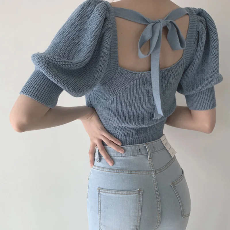 

Женский вязаный свитер с квадратным вырезом, короткий пуловер с пышными рукавами, милый белый, синий джемпер в Корейском стиле c.h.i.c, осень 2020