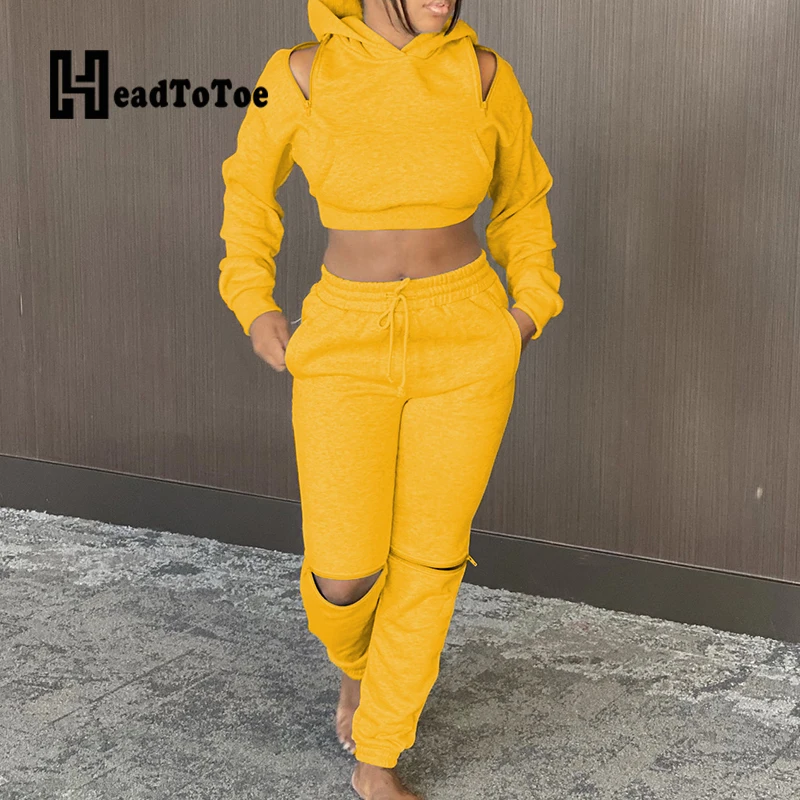 

Solid Hole Drawstring Casual Sporty 2 Piece Set Women Long Sleeve Hooed Straight Slim Two Piece Outfits Woman
