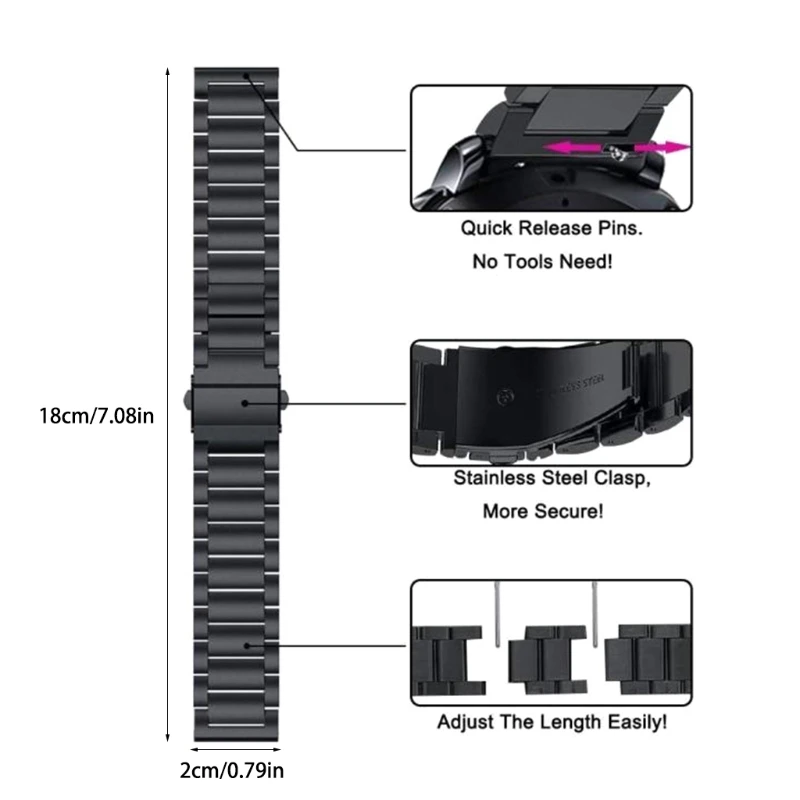 

Replacement Strap For Haylou Watch LS02 Double Snap Buckle Three Beads Solid Stainless Steel Strap Fashion