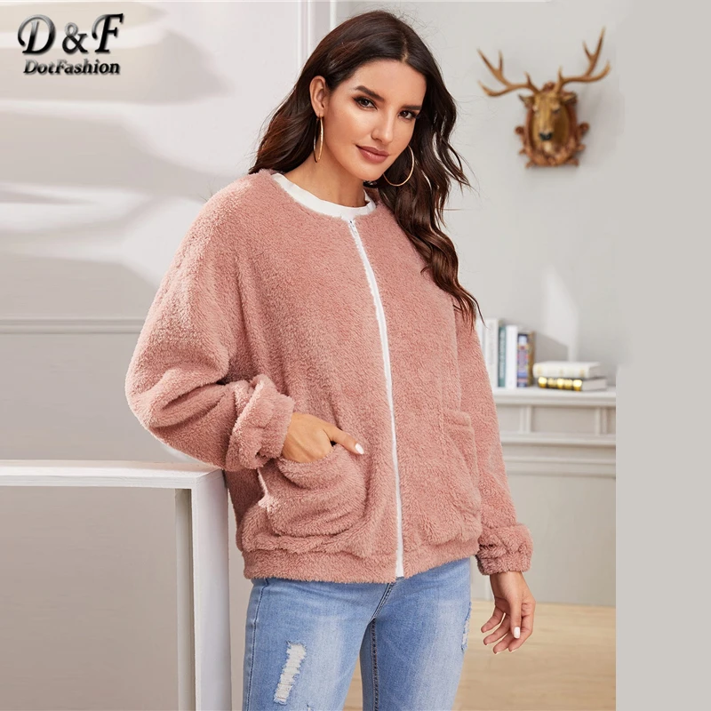 Dotfashion Розовый Повседневный плюшевый теплый жакет для женщин осень двойной карман деталь на молнии куртки дамы розовый сладкий пиджаки