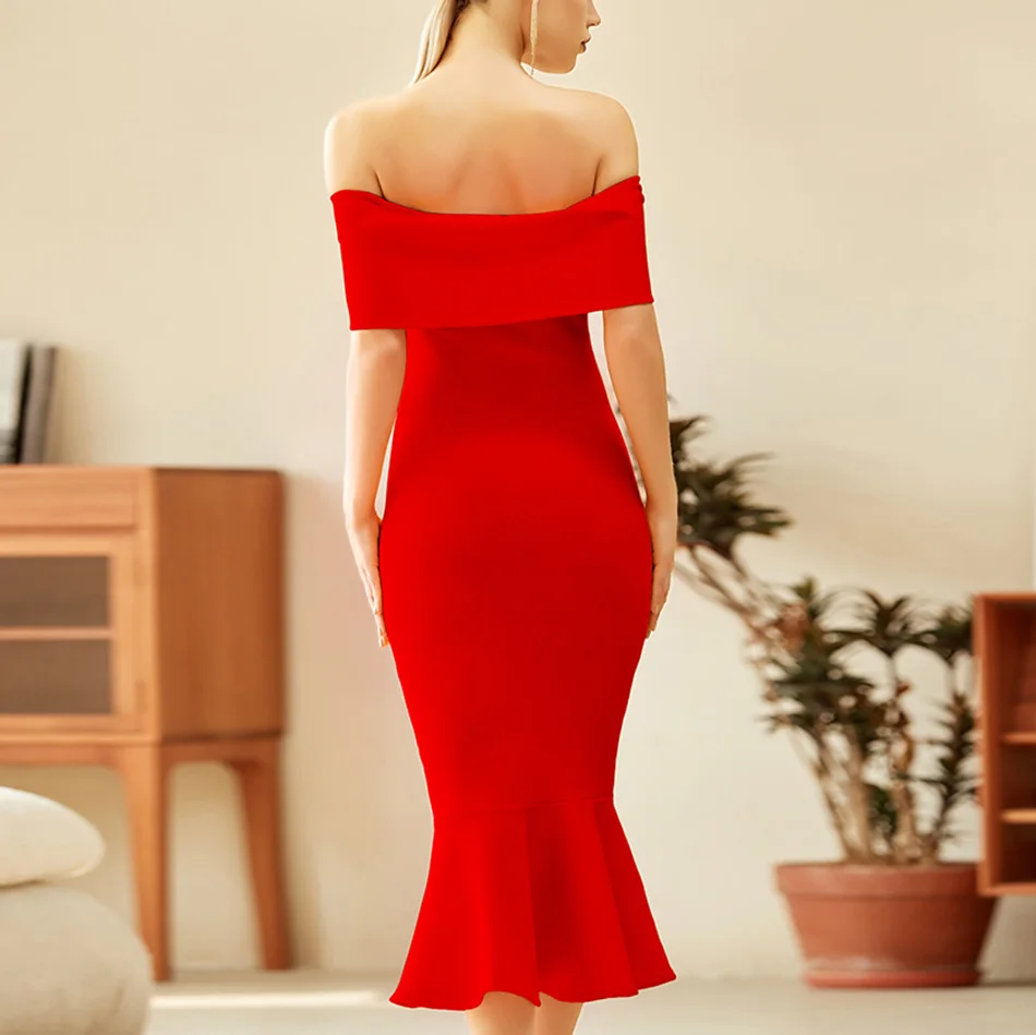 

Ailigou 2021 Summer New Women's Red Strapless Bodycon Bandage Dress Sexy Short Sleeve Mermaid Club Celebrity Runway Party Dress
