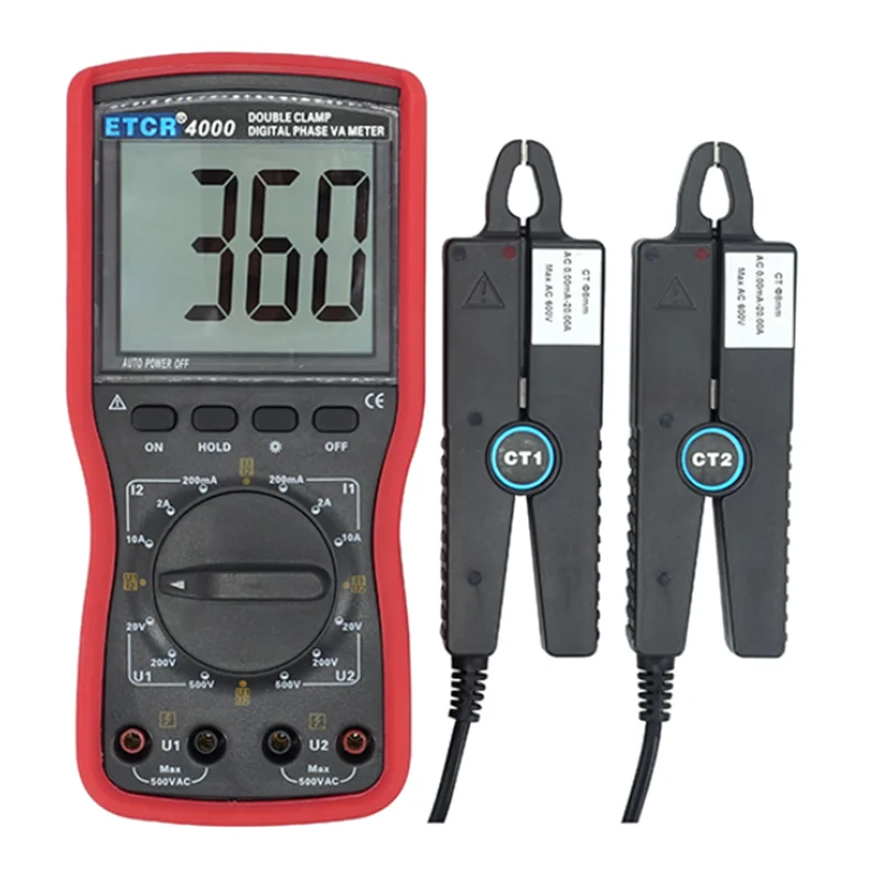 

ETCR4000 Double Clamp Digital Phase Voltmeter Phase Range 0~360CT Size8mm,Voltage Range0~500VCurrent Range 0~10A.