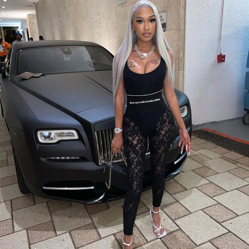 Кружевной Однотонный черный топ без рукавов Комбинированные брюки свободная и