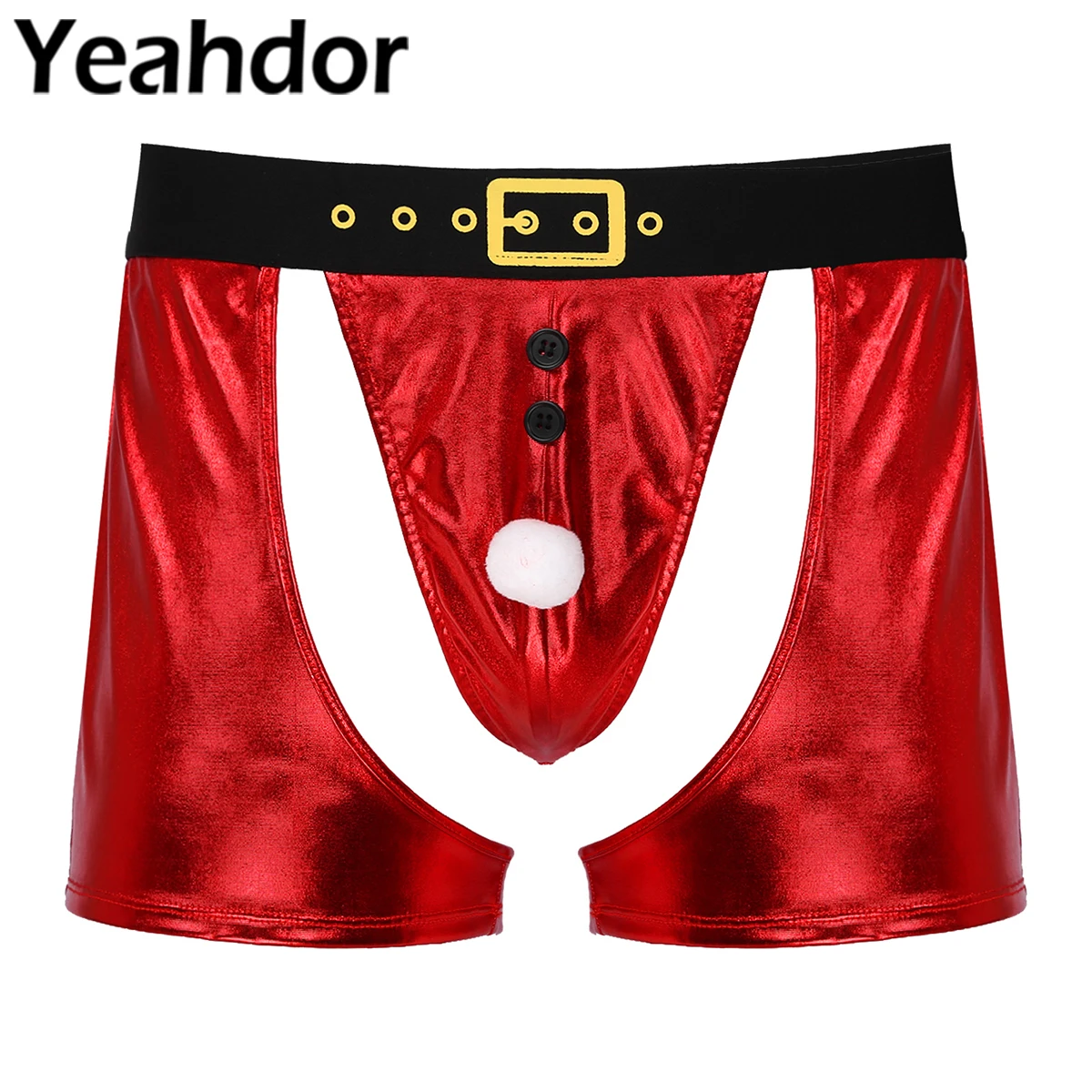 

Men Sexy Glossy Faux Leather Cutout Boxer Shorts Novelty Christmas Claus Santa Button Faux Fur Ball Decor Bulge Pouch Underpants