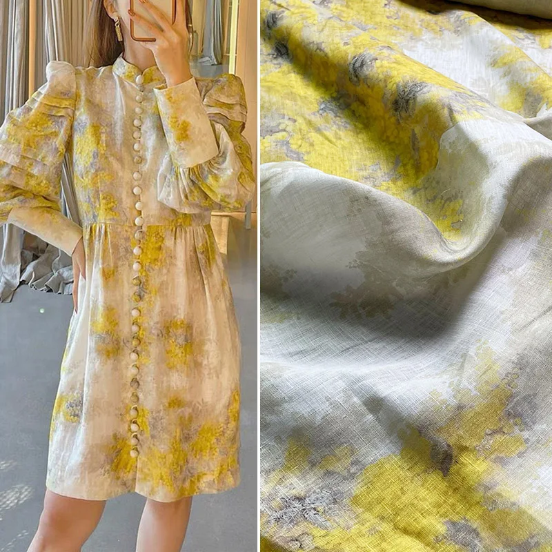 

140cm Width Fashion Yellow Branches Printed Natural linen Fabric For Woman Dress Blouse Pants DIY Cloth Sewing Material