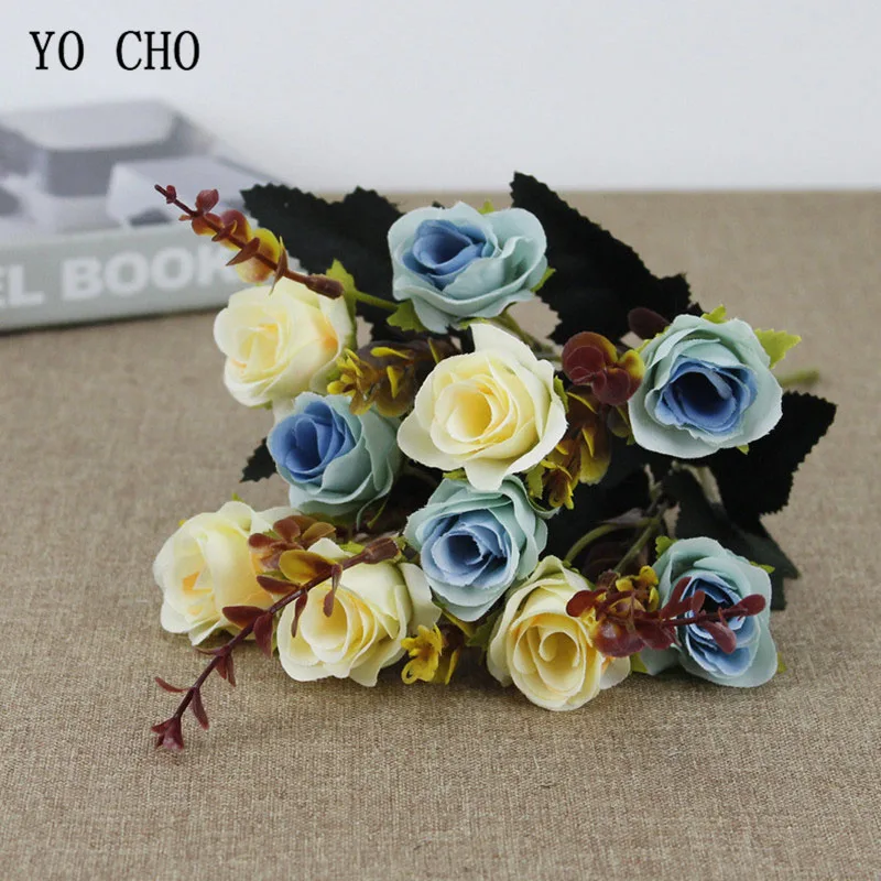 light blue YO CHO букет роз Свадебный цветок невесты Букет Искусственный Шелковый цветок розы композиция украшение для дома - Цвет: light blue