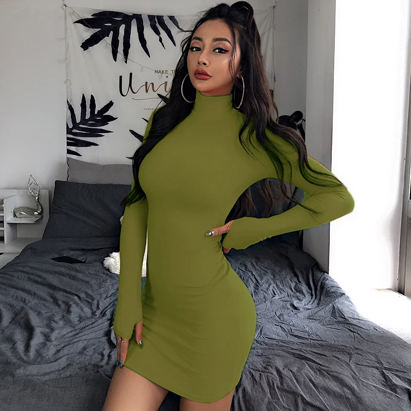 Green Dress InstaHot облегающее платье с высоким воротом и длинным рукавом, минималистичное осеннее трикотажное повседневное базовое мини-платье, 8 цветов, элегантные вечерние облегающие платья - Цвет: Green Dress