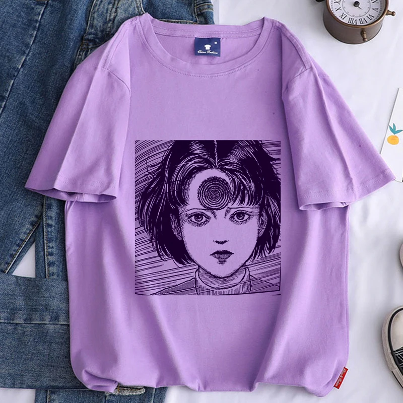 Horror Comics Graphic Print T-shirt Women Harajuku Aesthetic Purple Top Casual Tshirt 2021 New Summer Fashion Y2k Female T Shirt