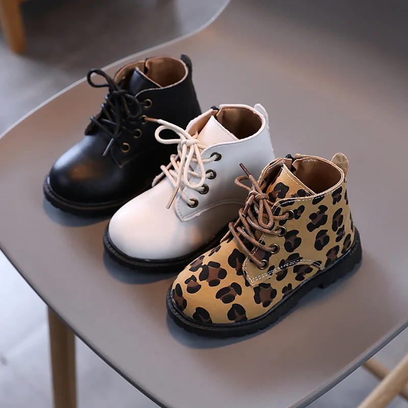 

Children Leopard Leather Shoes 2021 Autumn Winter New Kids Boy Girls Shoes Fashion Sewing Casual Cute Platform Snow Boots E08213