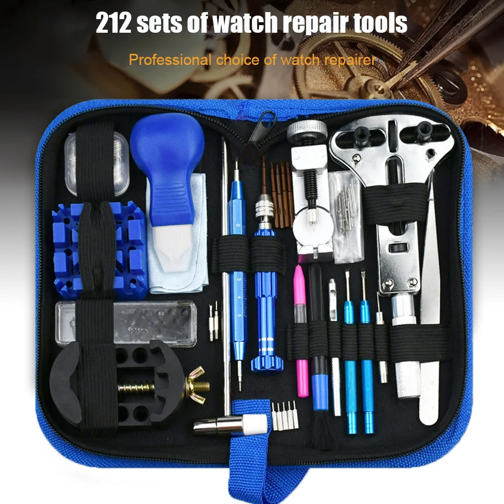 

212pcs Watch Opener Repair Tool Kit Clock Pry Knife Screwdriver Pin Hammer Set Watchmaker Band Link Leather Storage Bag