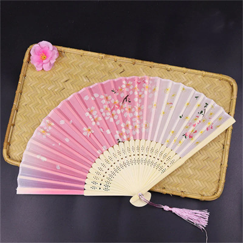 

1pc Chinese Japanese Folding Fan Wooden Shank Classical Dance Fan High Quality Tassel Elegent Female Fan