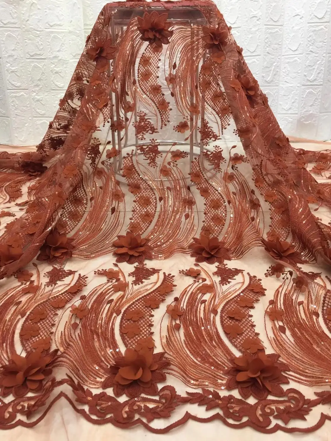 

3D Flower Lace Fabric African net Tulle Lace Fabric with 3D flowers for Wedding Dress JXFE221