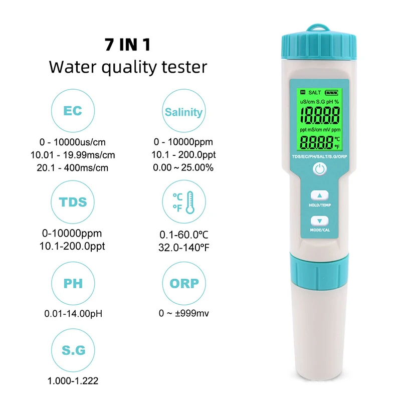 

7 in 1 PH Meter TDS EC ORP Salinity S. G Temperature Meter With Backlight